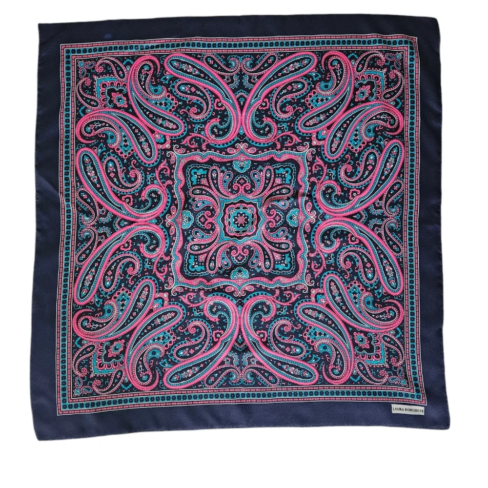 LAURA BORGHESE Navy Blue & Bright Pink Paisley Scarf | SZ 30